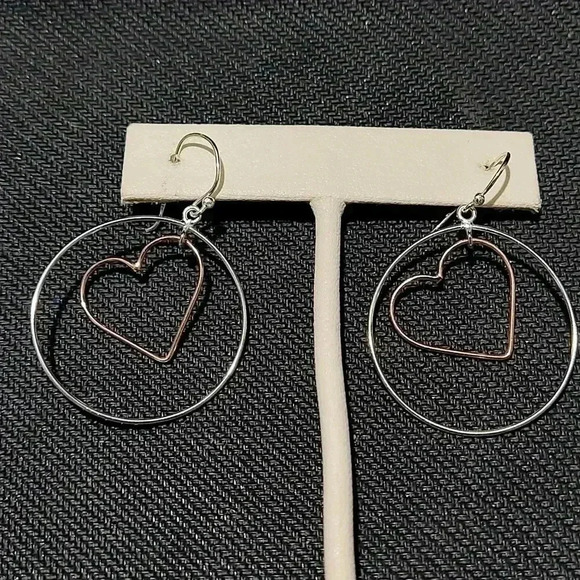 Sterling silver heart in hoop dangle earrings - Picture 1 of 1